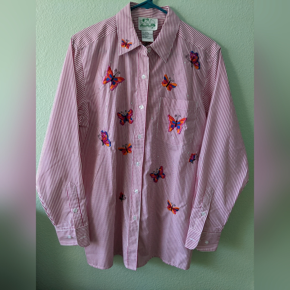 Quacker Factory Butterfly Striped Shirt, S